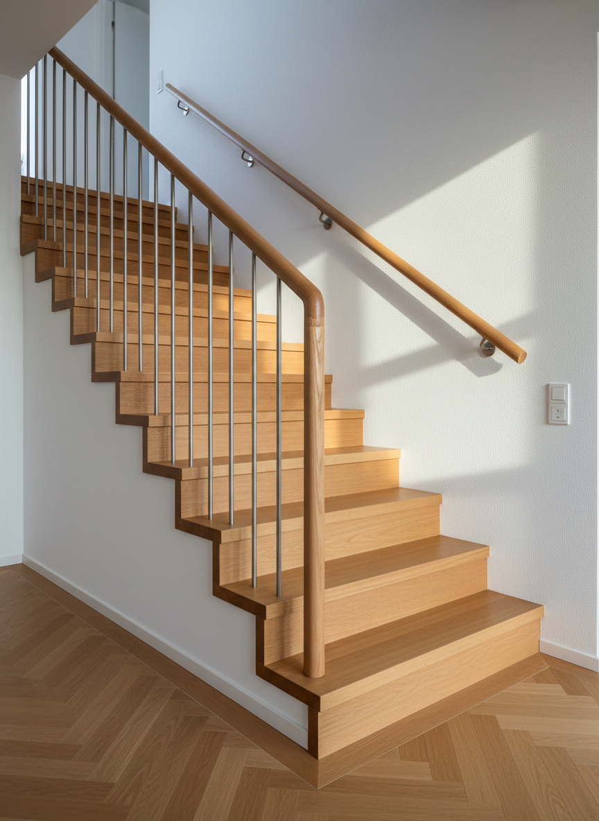 A detailed staircase in a contemporary single-family home, built from solid beech wood with precisely cut treads and risers, smooth rounded handrails, and carefully spaced metal balusters. The staircase rises along a white wall, with a sharp, even shadow cast by late afternoon natural light from an unseen side window. At the base, a perfectly aligned first step meets a flawlessly laid oak parquet floor, the transition strip accurately fitted. The composition is photographed from a slightly low angle, emphasizing the geometry, step uniformity, and handrail height. Photographic realism with sharp focus and a clean, modern aesthetic, evoking a calm, objective atmosphere that highlights structural safety, craftsmanship quality, and the technical aspects a certified expert would document in a staircase appraisal.