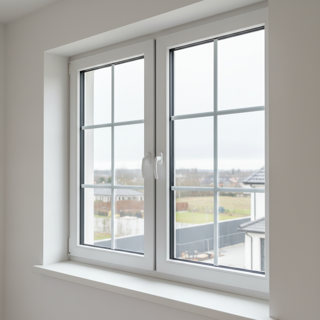 A close-up, highly detailed view of a modern triple-glazed window installed in a new-build home, the white PVC frame crisp against a smooth plastered reveal. The silicone joints are even and clean, the spacers between glass panes clearly visible, and the sill neatly aligned with the interior wall. Outside, a softly blurred suburban landscape in early morning overcast light adds context without distraction. The diffused natural light reveals any imperfections in sealing and alignment, while creating soft reflections on the glass. Shot from a slightly angled perspective at eye level, with photographic realism and a calm, objective mood, emphasizing technical accuracy, quality workmanship, and the kind of details a professional expert would evaluate in a window inspection report.